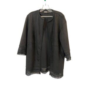 ZARA Faux Suede Fringed Duster Cardigan Jacket in Black -Size  XS